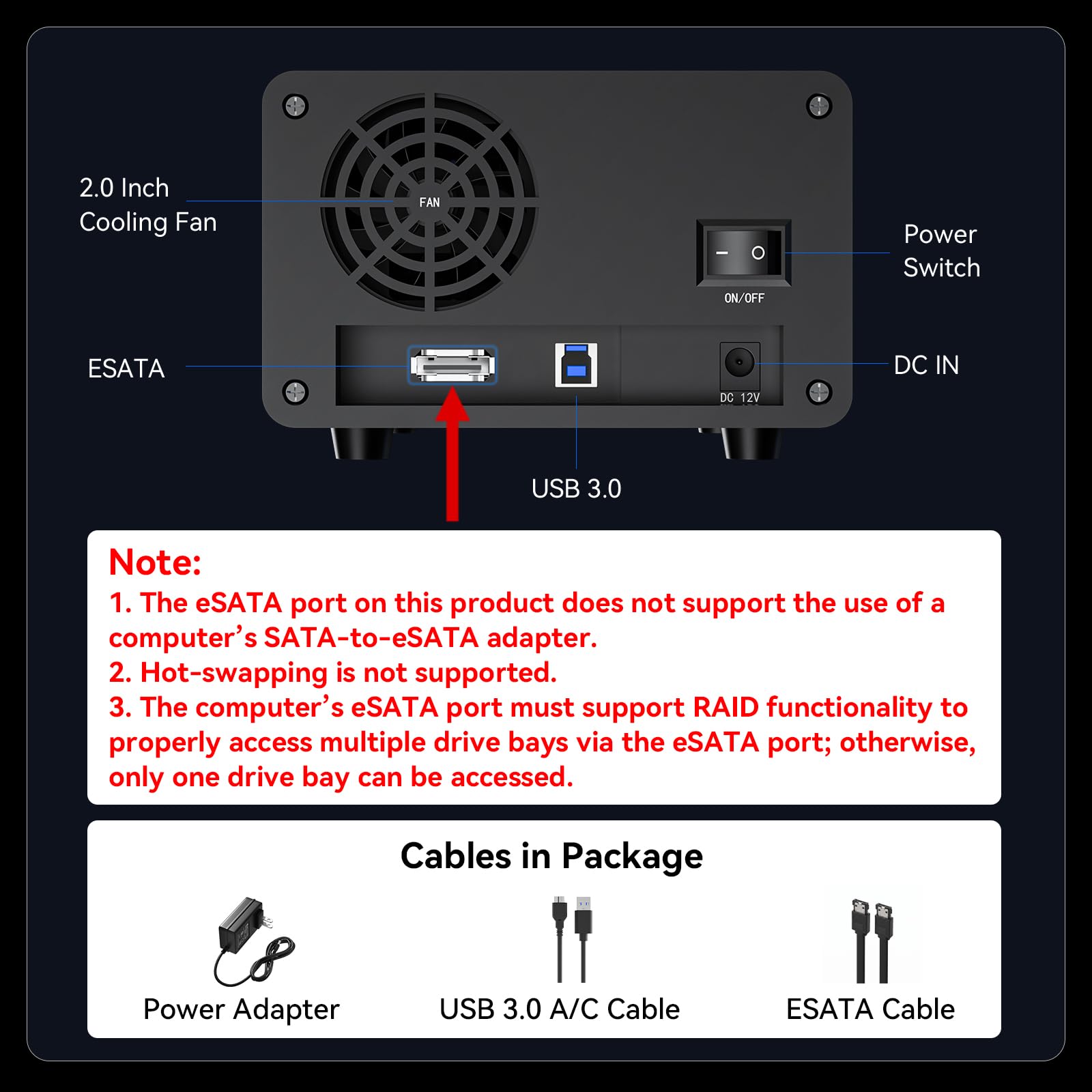 CENMATE Boîtier de disque dur à 2 baies avec ventilateur de refroidissement pour disque dur SATA HDD/SSD 2,5/3,5" avec USB A/C 3.0 + câble eSATA, lecteur de disque dur 3,5 prend en charge une capacité
