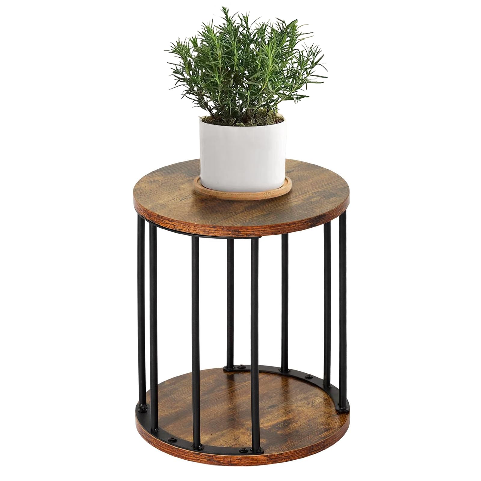 HDANI 35cm Round Metal Plant Stand,Small Plant Stool,Sturdy and Robust Flower Stand for Living Room, Garden, Balcony, Flower Stool Wooden,Vintage Brown and Black