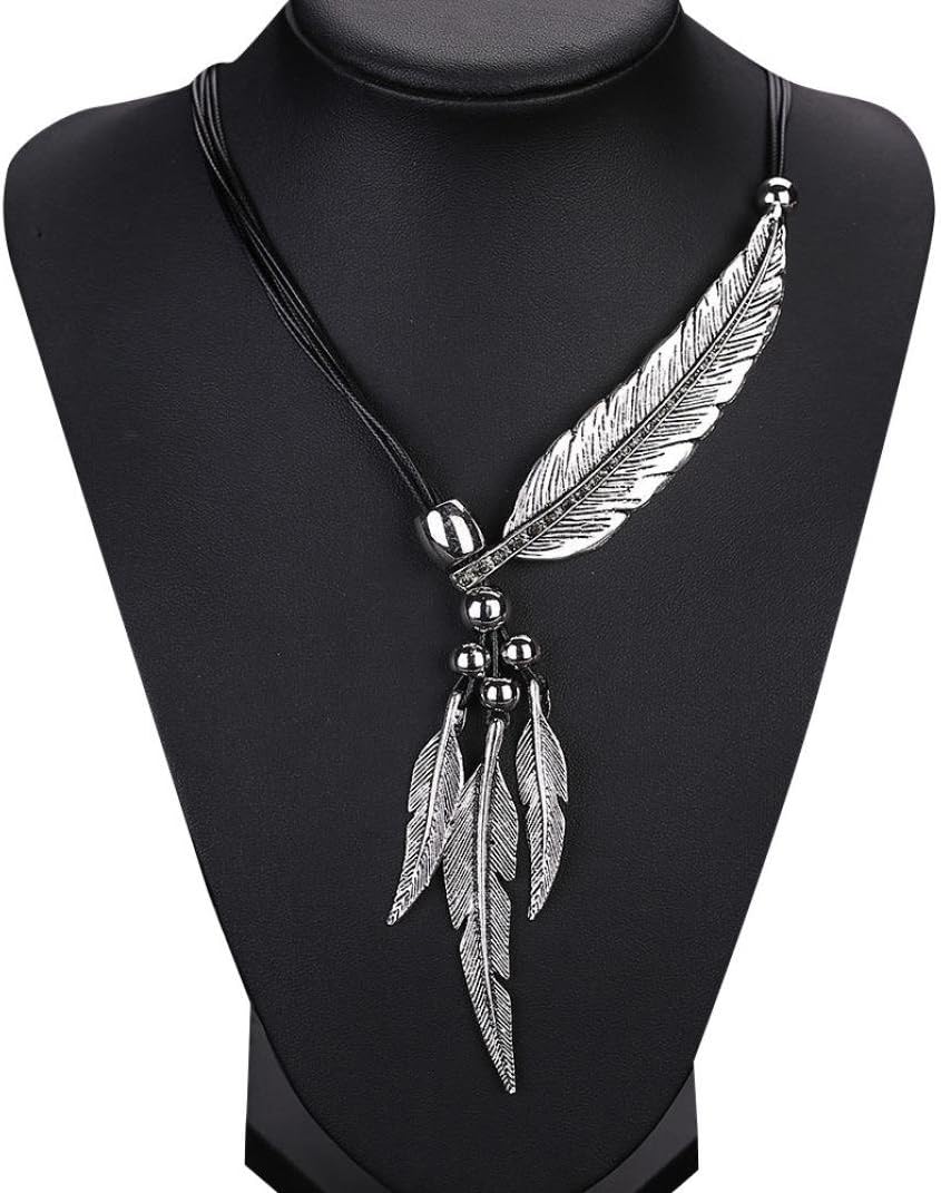 Keyuefa Fashion Necklaces, Alloy Feather Antique Vintage Time Necklace Sweater Chain Pendant Jewelry Gift For Women (Silver)