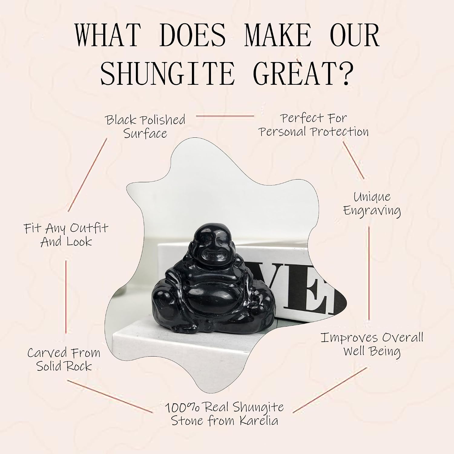 Shungite Laughing Buddha Figurine - Natural Healing Stone Statue 2"x1.6"x0.8", Carved Black Buddha for Energy Cleansing, Meditation, Protection & Home Decor