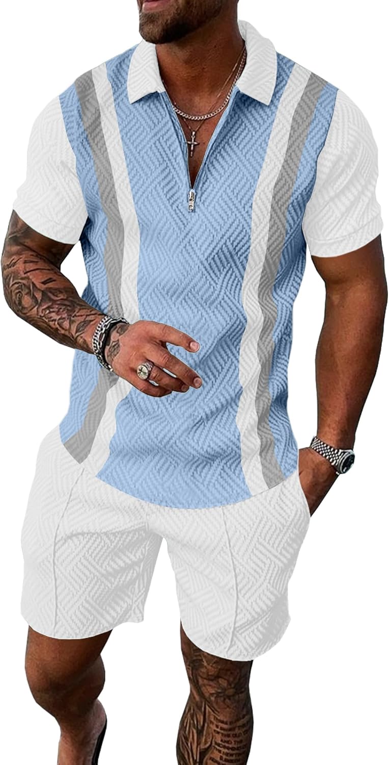 UOUA Mens Summer Track Suits 2 Piece Shorts Sets Short Sleeve Sweatsuit Outfits 1/4 Zip Golf Polo Splicing Striped Shirts