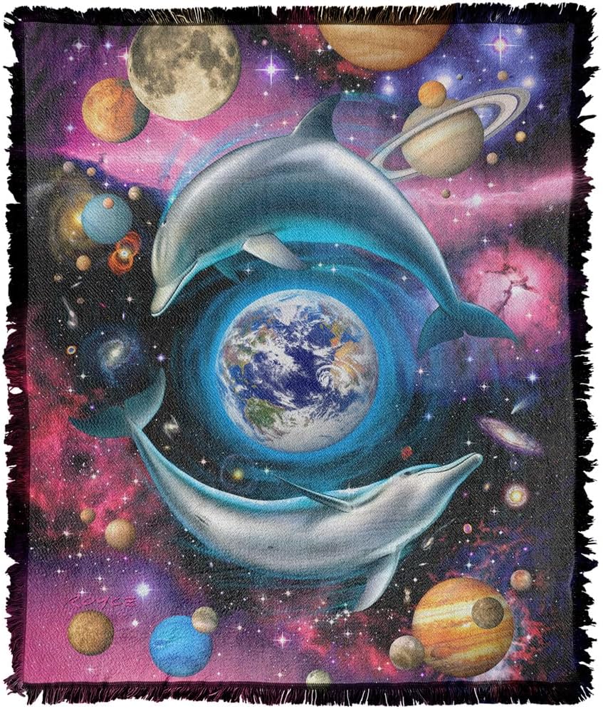 LOGOVISION JQ Licensing - Royce Mcclure Blanket, 50"x60" Dolphin Flow Woven Tapestry Cotton Blend Fringed Throw Blanket