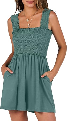 Caracilia Women's Summer Casual Smocked Rompers Square Neck Sleeveless Loose Shorts Jumpsuit 2026 Beach Vacation Outfits
