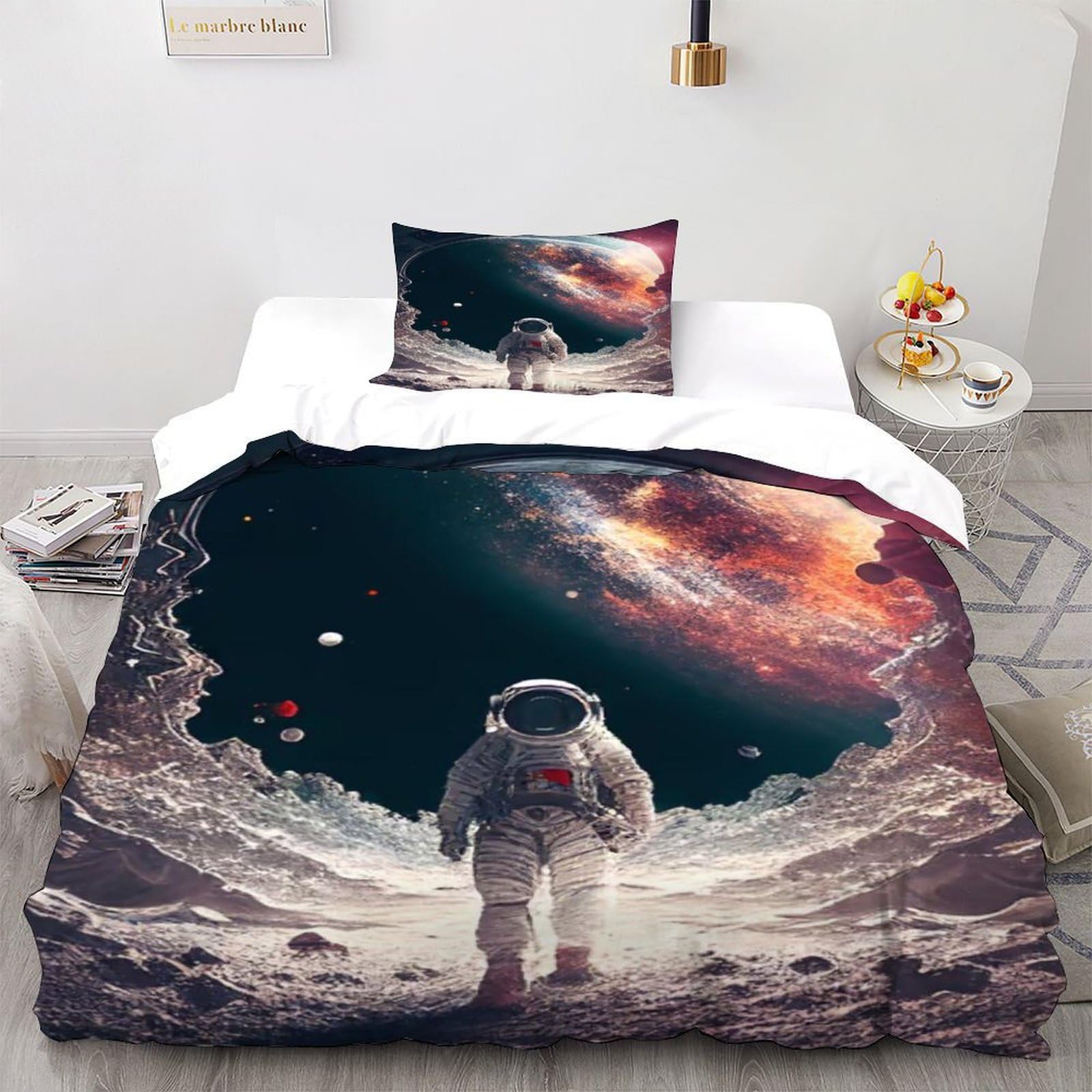 Astronaut Earth Bedding Set Theme Bedspread Space Theme Duvet Cover Set Chic Breathable Quilt Cover for Boys&Girls with Pillowcase Single（135x200cm）