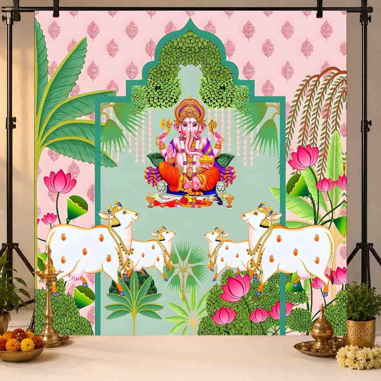 Pichwai Ganesh Pooja Decoration Backdrop 8x8 ft Pink Floral Cow Theme Background for Mandir, Ganesh Chaturthi, Housewarming & Event Decoration-image-9