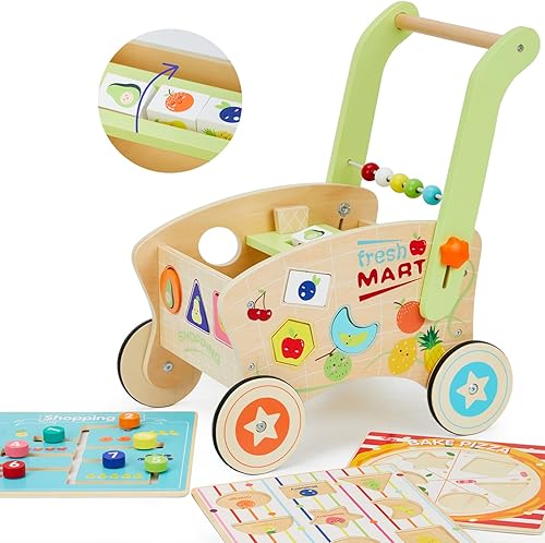 Andador de madera para bebés, andador de empuje para bebés de 1 a 3, carrito de compras para niñas y niños, clasificando formas de comestibles,