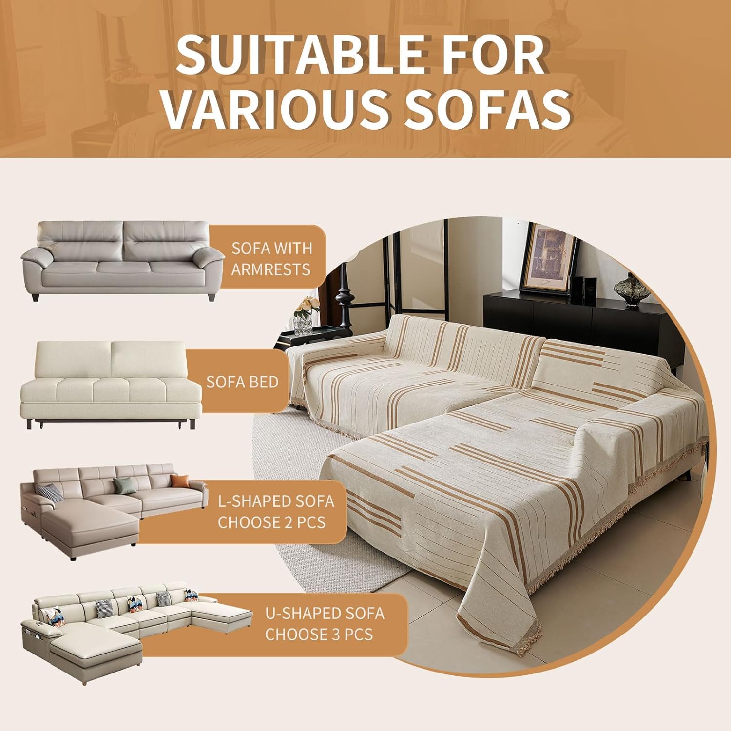 Boho Non Slip Covers Sofa Covers for 3 Cushion Chenille Dog Pet Couch Protector Washable Anti-Slip Sectional Couch Cover Tassels L Shaped Sofa Cover - Image 6