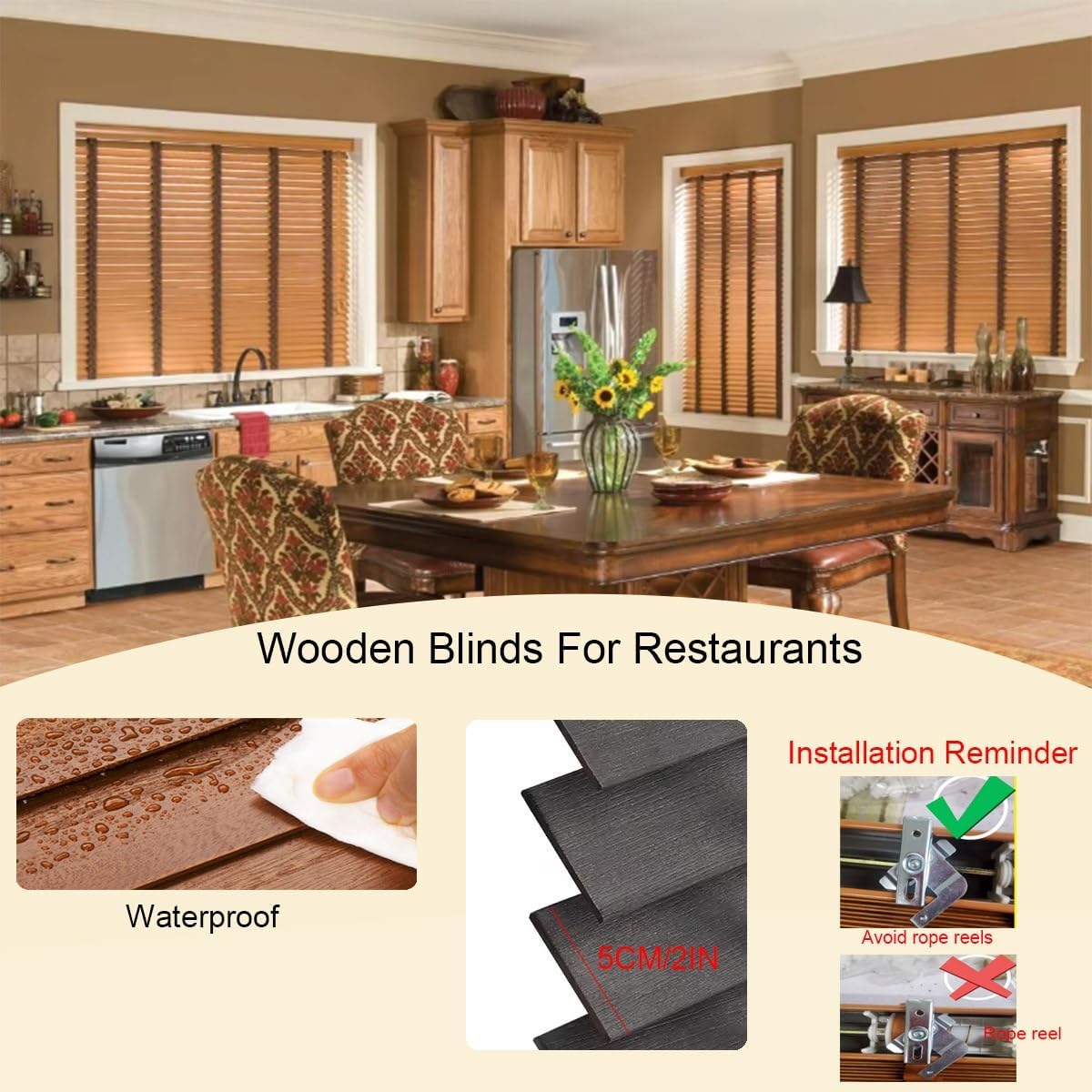 2" Slats Cordless Window Blinds Wooden Window Shades Faux Wood Privacy Blind Custom Size Wide 14" 22" 24" 36" 40" 43" 48" 52" 55" 62" 70" 76" for Bedroom Bathroom Living Room(White)
