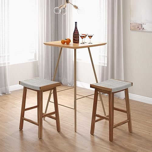 Miniatura 4 de COSTWAY Juego de 2 taburetes de comedor de 25.5 pulgadas de altura de mostrador con asiento tejido de algas marinas, madera de goma, marco de madera