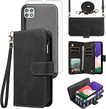 Asuwish Phone Case for Samsung Galaxy A22 5G Zipper Wallet Detachable Magnetic Cover with Tempered Glass Screen Protector Crossbody Lanyard Strap Flip Card Holder Slot A 22 22A A22s G5 Women Men Black