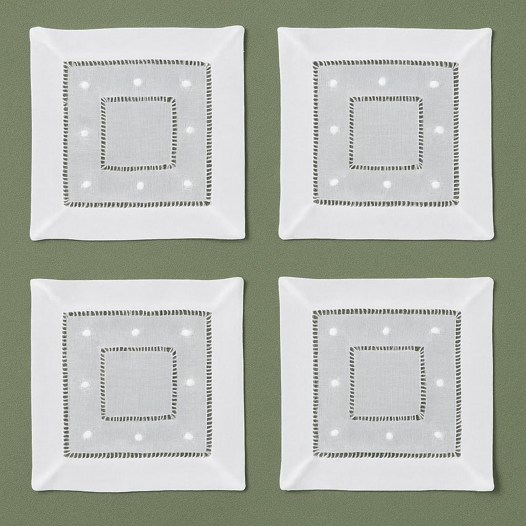 Fennco Styles White Hand Hemstitched and Embroidered Swiss Dot Coasters Cocktail Napkins, Set of 4