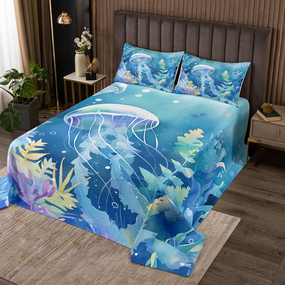 jejeloiu Coral Bedspread Ocean Bedspread for Kids Boys Girls Underwater World Coverlet Set Marine Themed Quilted Bedroom Collection 2Pcs Twin Size