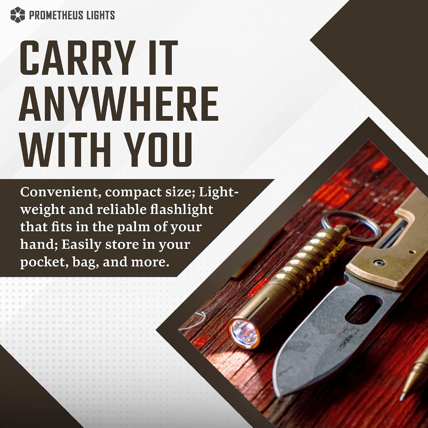 PROMETHEUS LIGHTS Beta QRv2 Classic, Mini EDC Keychain Flashlight with Low, Medium, & High Modes (Brass)