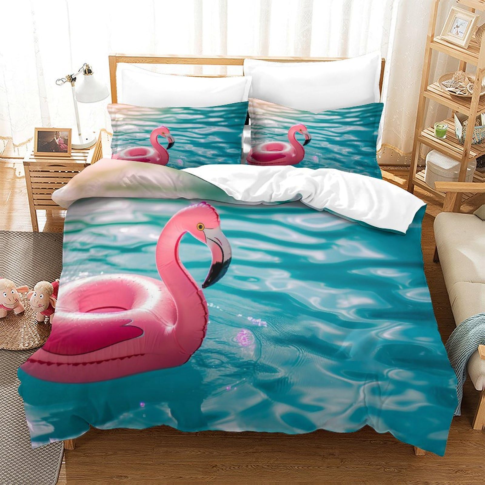 P1s9u7w5y Water Ripple 3D Printed Flamingo Water Duvet Cover Set 3Pcs Microfiber Flamingo Bedding Set Double（200X200cm）