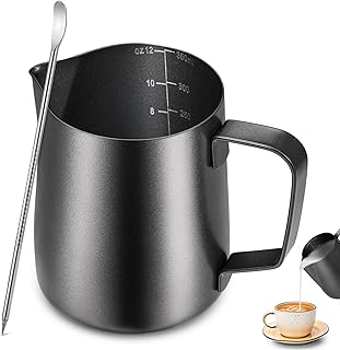 Anpro Milchkännchen, Milk Pitcher 350ml 12 fl.oz. Milchkanne aus Edelstahl, Milch Aufschäumen für Cappuccino und Latté, Schwarz