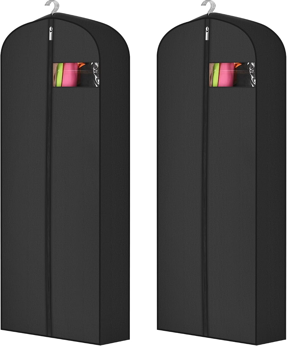 2 Pcs 10" Gusseted Garment Bags for Hanging Clothes Dress Bags for Gowns Long Closet Waterproof Garment Covers Wedding Dress Cover Traveling Clothes Protector(Black,65 Inch)