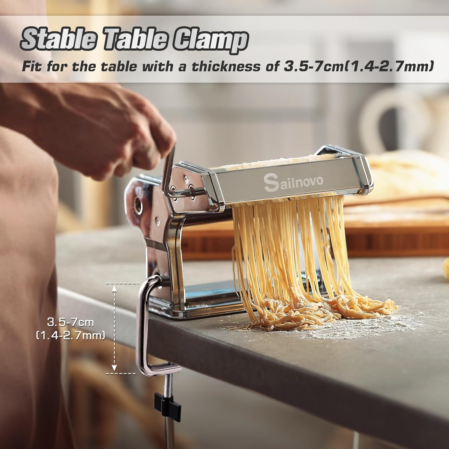 Sailnovo Pasta Machine Pasta Maker, 180 Aluminum Alloy Manual Pasta Roller with 9 Adjustable Thickness Settings and 2 Cutter, Perfect for Spaghetti, Fettuccini, Lasagna, or Dumpling Skins, Gift 5 71dBAI2bL0L. AC SL1500