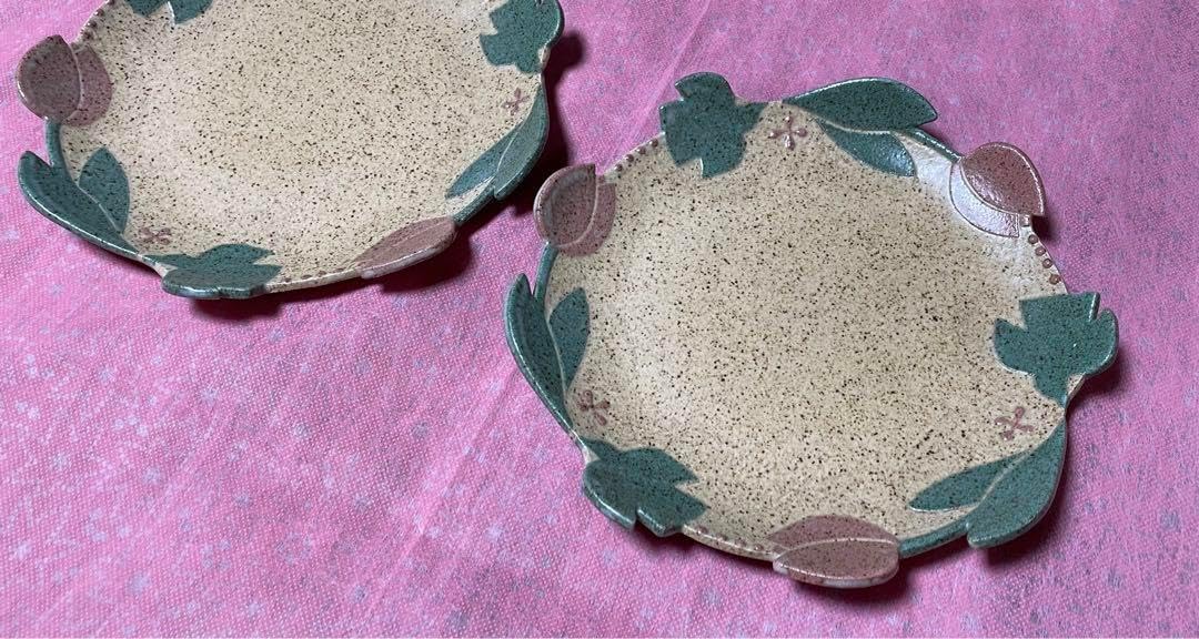 苔色工房 大皿2枚 チューリップ ミントグリーンピンク 苔色工房