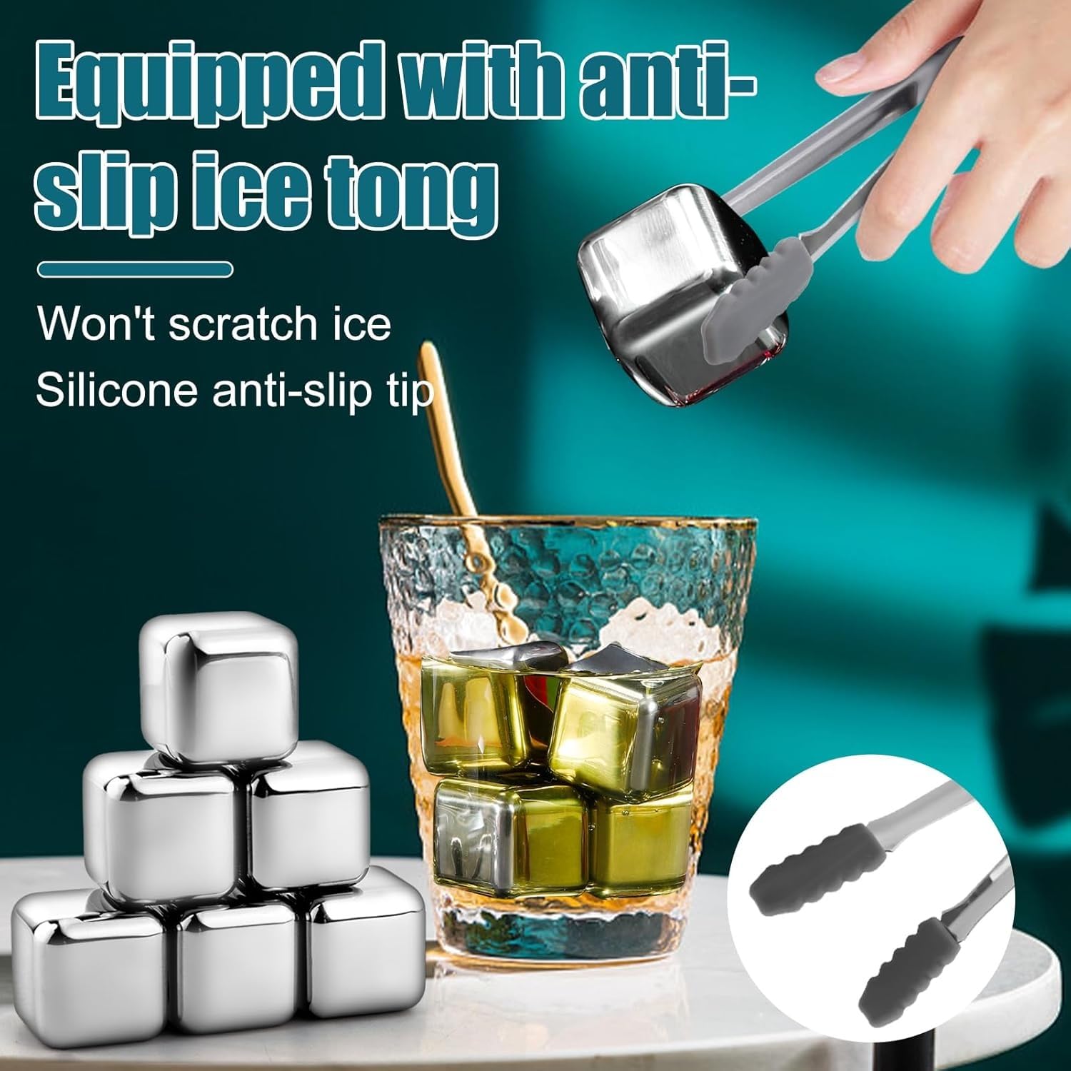 Kinmsito 24 Stück Edelstahl Eiswürfel, wiederverwendbare Kühlsteine, mit Zange, 2 Untersetzer, Handtuch, 6 Boxen, für Whisky, Wein, Gin, Tonic, Cocktails, Likör