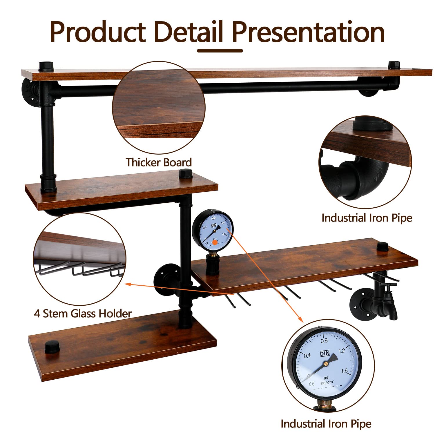 Industrial Pipe Shelving Wine Rack Wall Mounted with 4 Stem