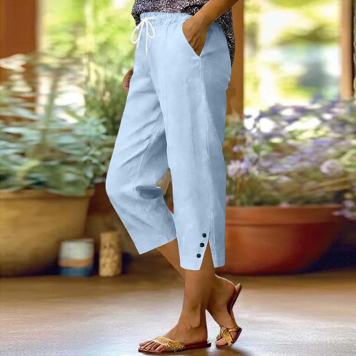 Capris Pants for Women Cotton Linen Casual Summer Straight Wide Leg Loose Drawstring Side Split Cropped Trouser