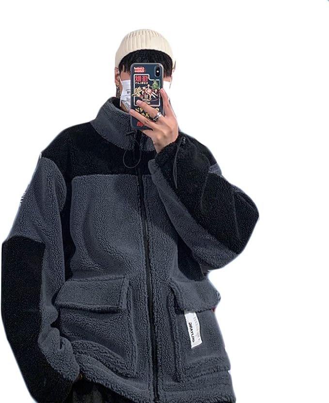 Amazon ボアジャケット メンズ ボアブルゾン 冬用コート 切り替え ラムウール 防寒 保温 冬用 厚手 原宿風 オーバーサイズ かっこいい ヒップホップ ゆったり 立ち襟 フリースジャケット ボアコート アウター もこもこ 冬服 コート ジャケット 通販