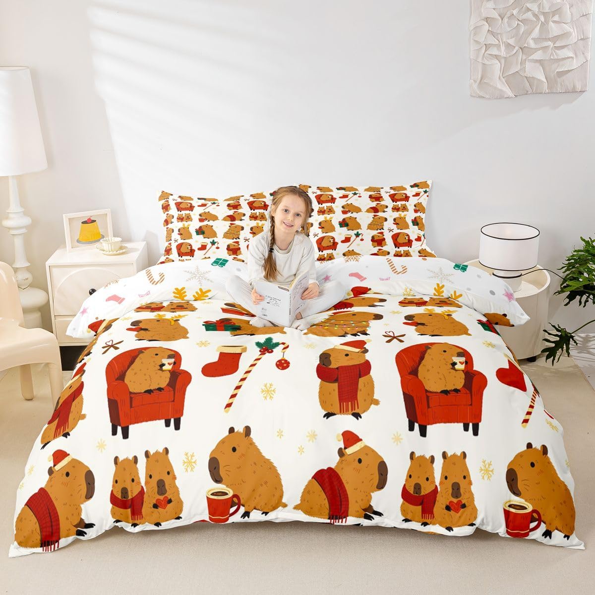 Feelyou Christmas Duvet Cover Full Size Capybara Bedding Set for Boys Girls Animals Comforter Cover Bedroom Decor 3Pcs No Comforter Zipper Closure with 2 Pillowcases