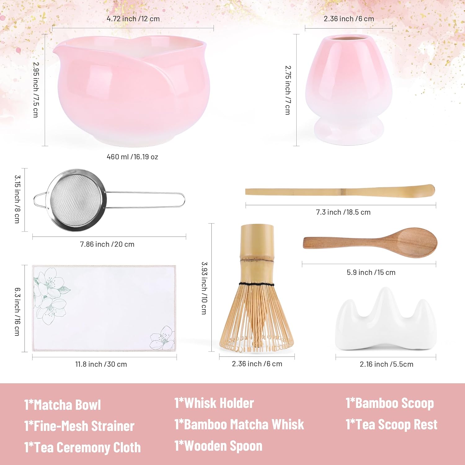 Matcha Whisk Set - 8 Pieces Japanese Matcha Set with Floral Ceramic Bowl, Includes Bamboo Whisk, Scoop, Sifter & Towel, Matcha Kit for Traditional Tea Making (Ombre Pink)