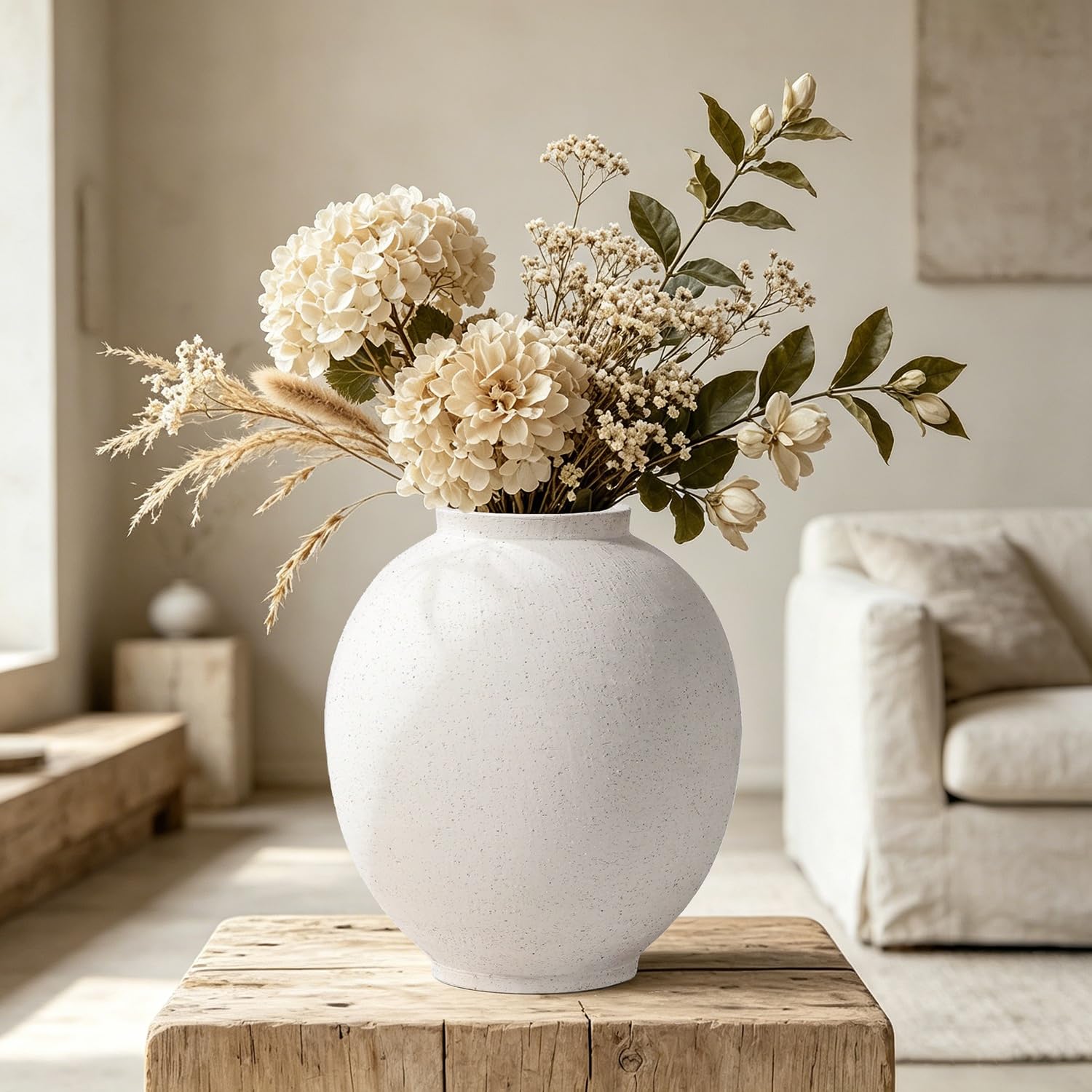 Heifgott Grande vaso in ceramica bianca, 25 cm, rustico per la decorazione della casa, vasi alti minimalisti per soggiorno, tavolo, bagno, vacanze e matrimoni (bianco arenaria)