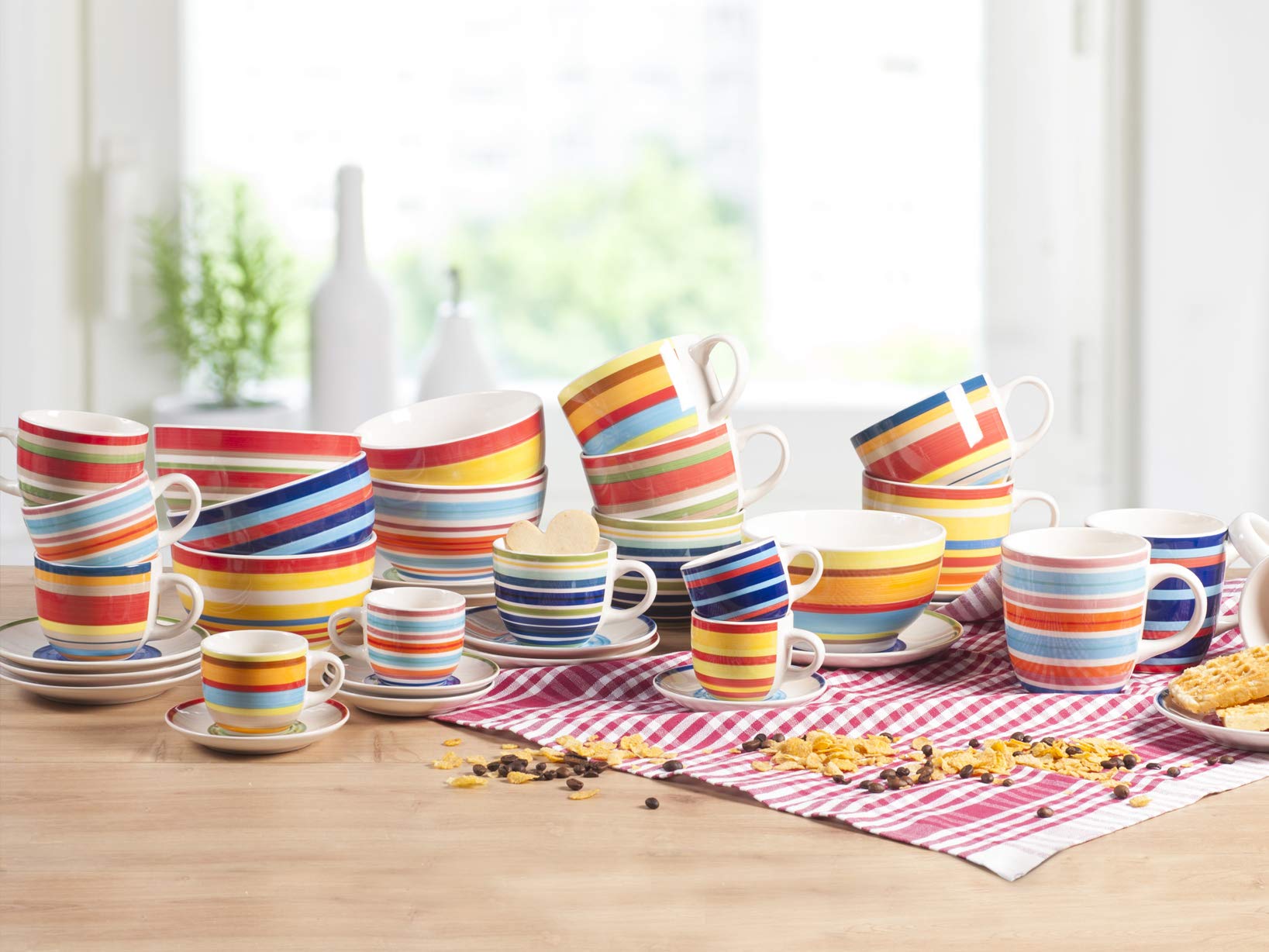 Home 100 Righe Set 6 Tazze Caffè, con Piattino, Stoneware, cc95
