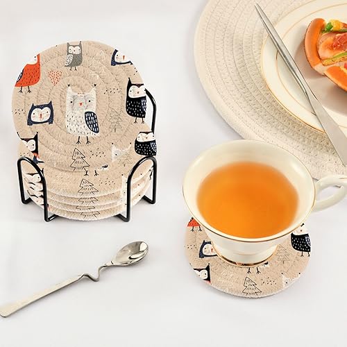 Miniatura 5 de Kawaii Owls Trees Woodland Coasters Set of 6 with Holder Coasters for Drinks Absorbent Cotton Coasters Porta Vasos para Mesas