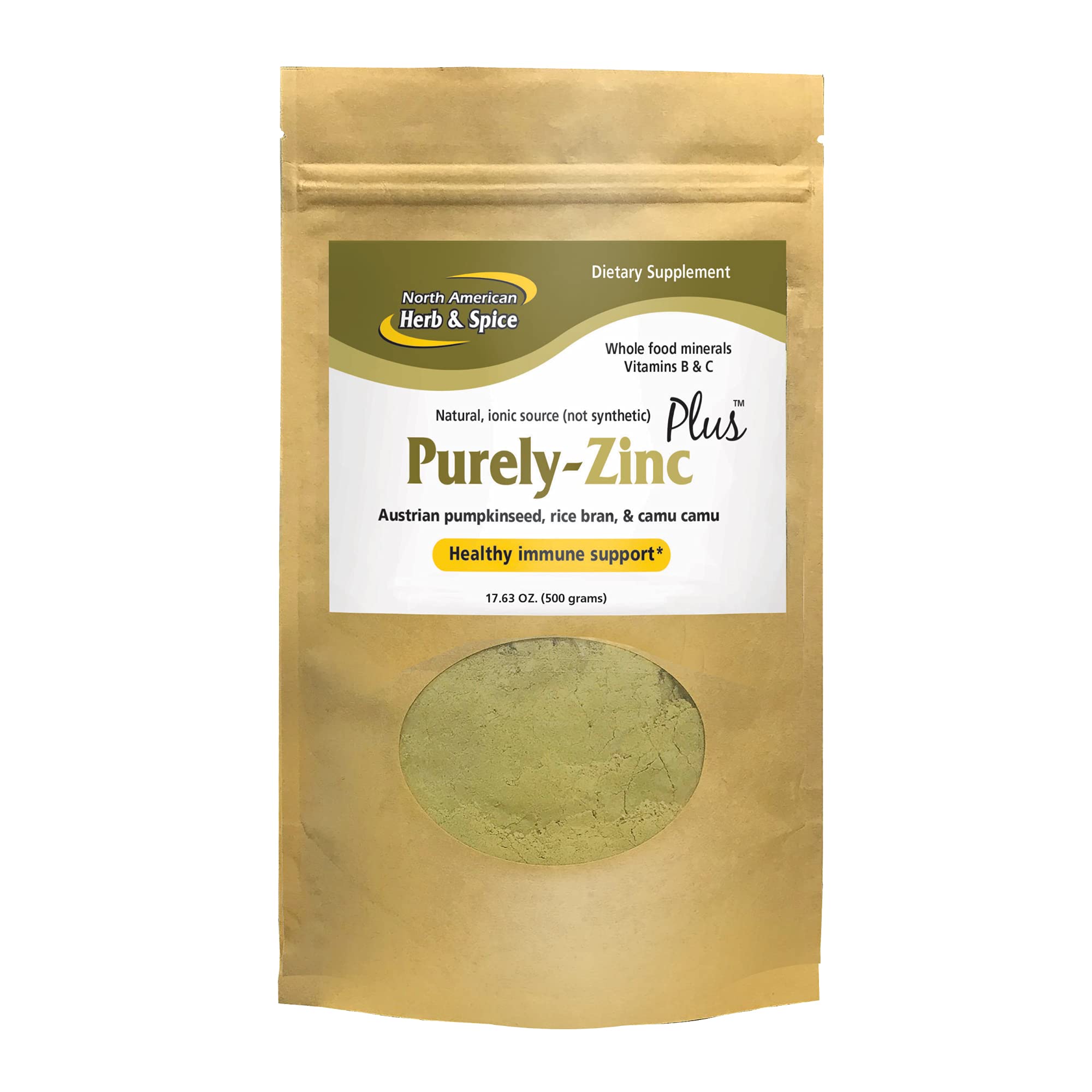 NORTH AMERICAN HERB & SPICE Purely-Zinc Plus - 17.63 oz - Whole Food Zinc Supplement - Healthy Immune Support - Austrian Pumpkin Seed, Rice Bran & Camu Camu - Non-GMO - 18 Servings 17.64 Ounce (Pack of 1)