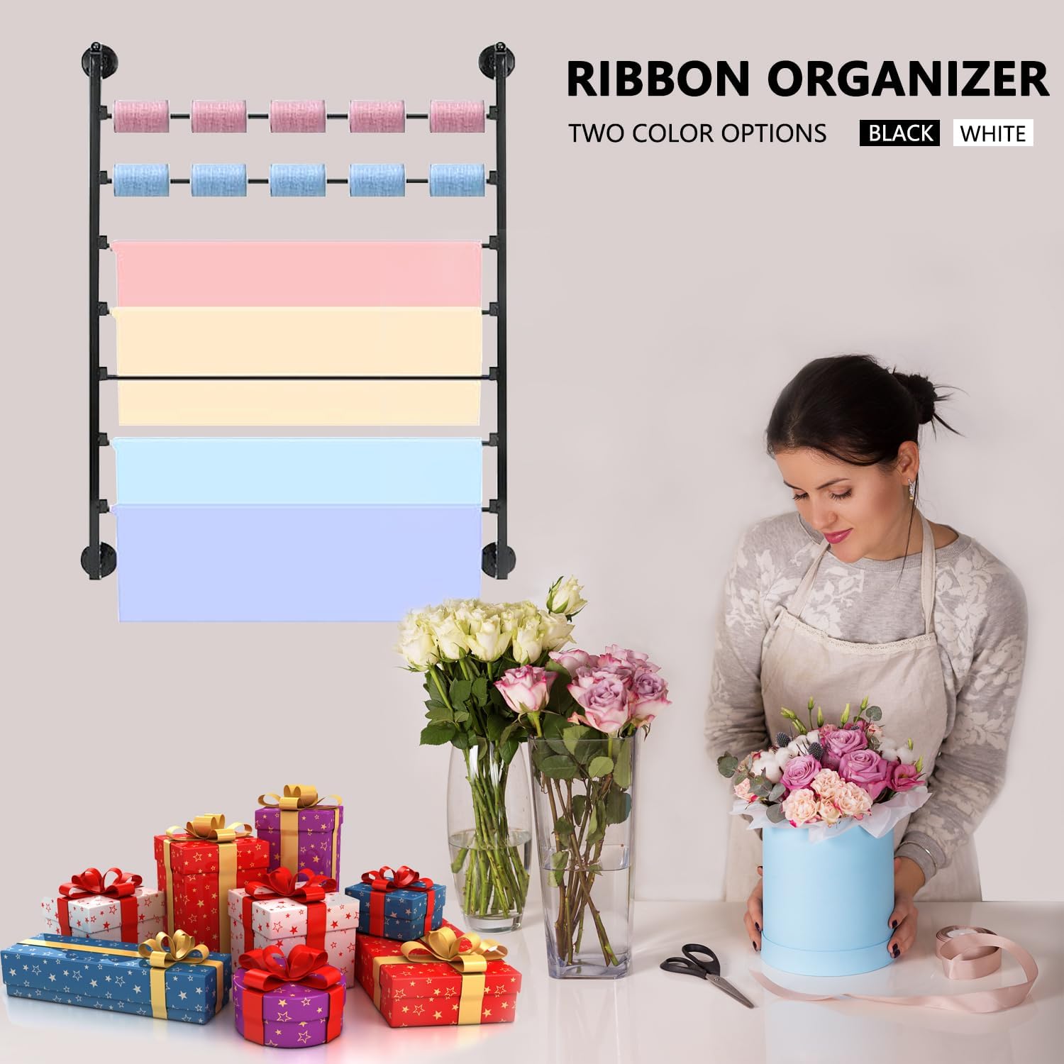 Ribbon Organizer, 7 Tier Wall Mounted Metal Holder,Holiday/Birthday Gift Wrapping Organizer Storage Ribbon Storage Rack for Craft Cake Shop Flower Store,Tie Scarf Rack (Black)
