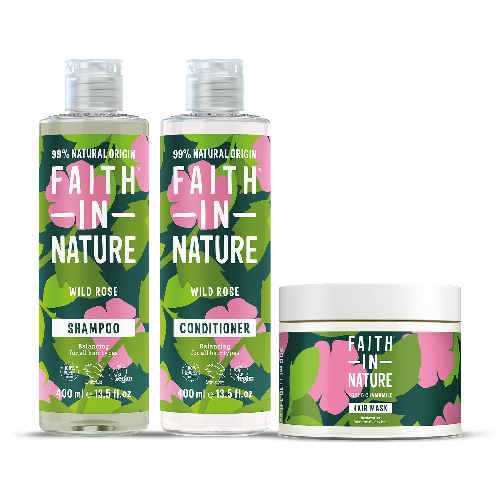 Faith In Nature Wild Rose Natural Normal Hair 3 Piece Bundle: 400ml ...