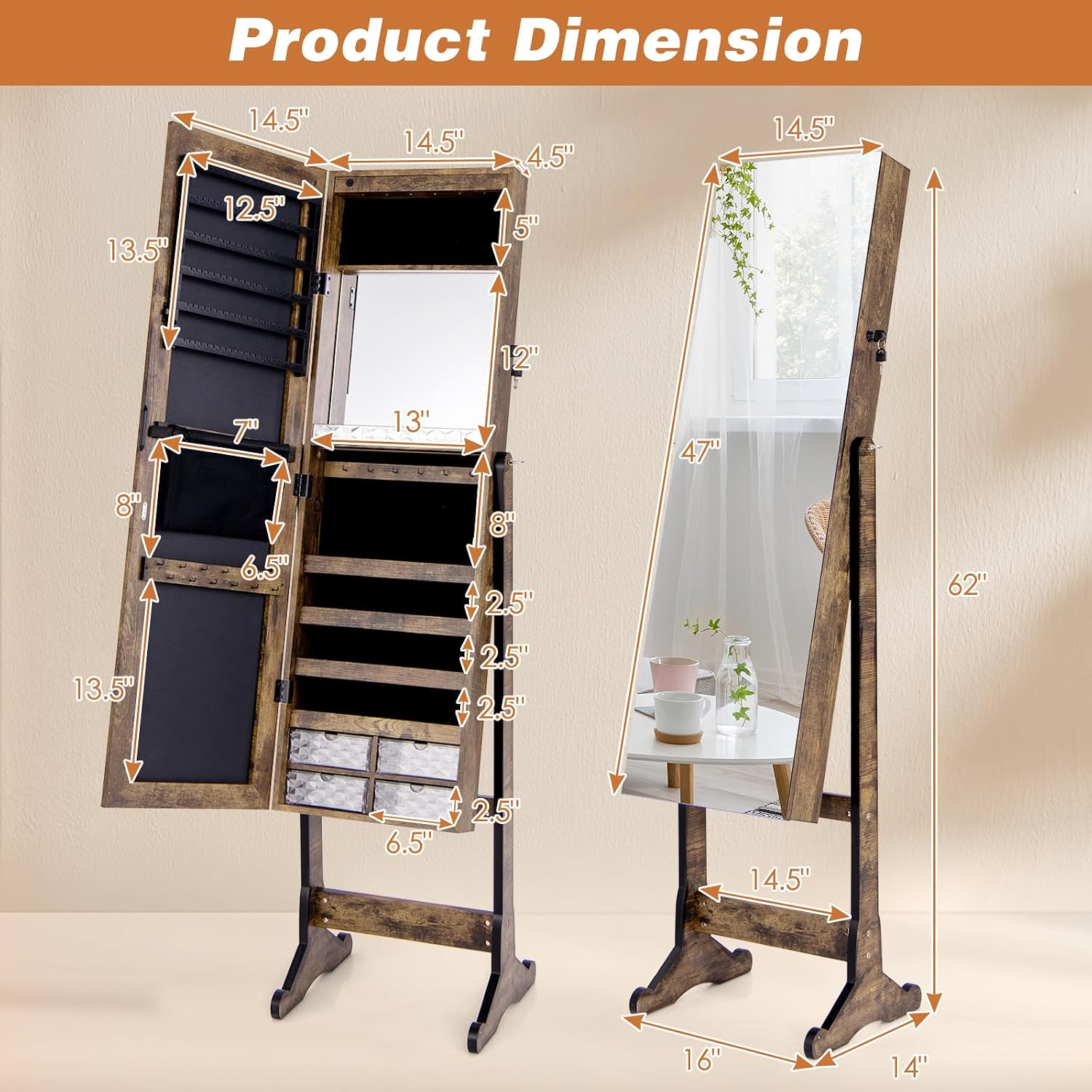 GOFLAME Jewelry Cabinet Freestanding, Lockable Jewelry Armoire Organizer with Full-length Frameless Mirror, Drawers, Inner Makeup Mirror, Lipstick Tray, LED Lighted Jewelry Storage Box (Rustic Brown)