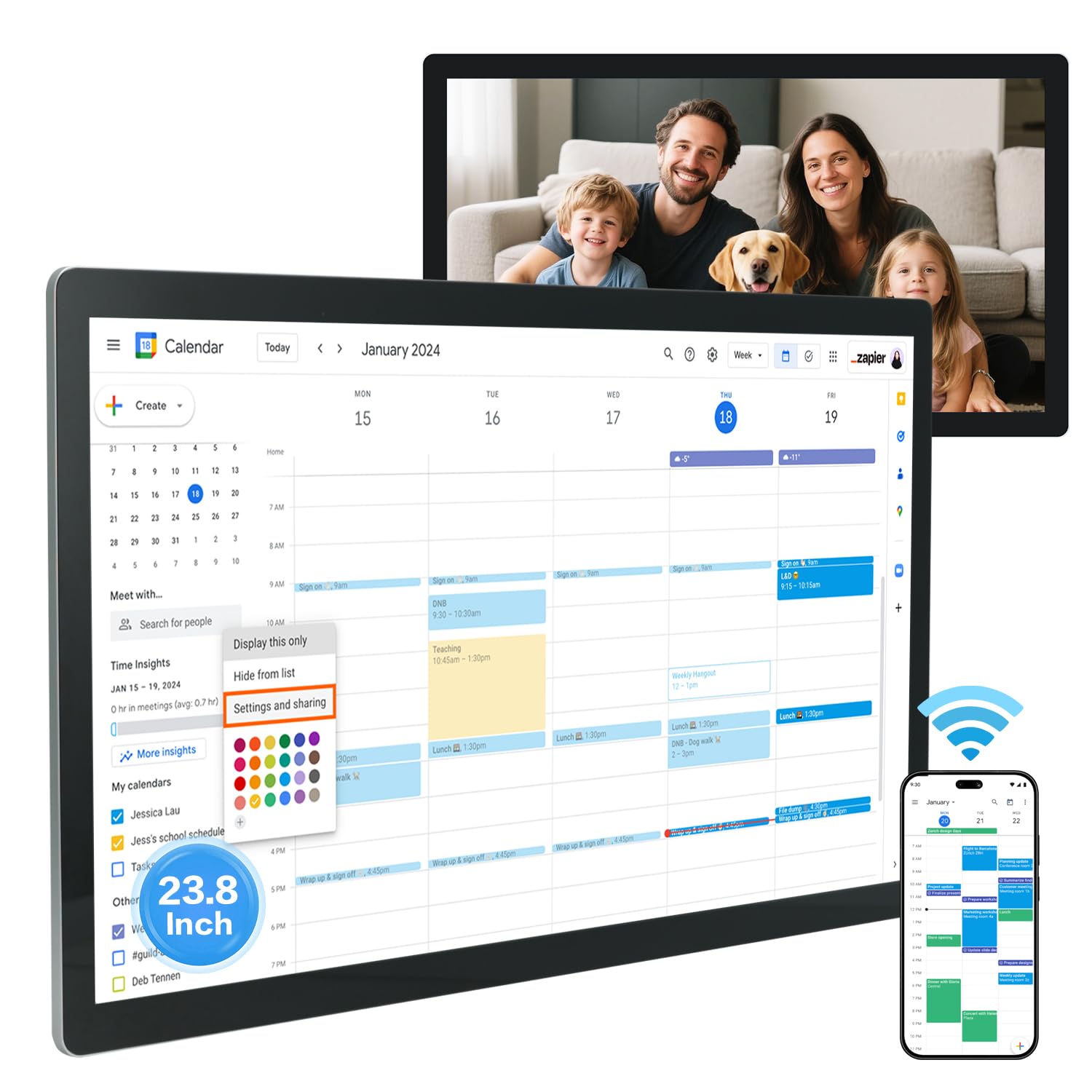 Calendario digital de pantalla táctil de 23.8 pulgadas y planificadores de pared, calendario inteligente de pizarra blanca para tabla de tareas y horario de trabajo, altavoces y cámara