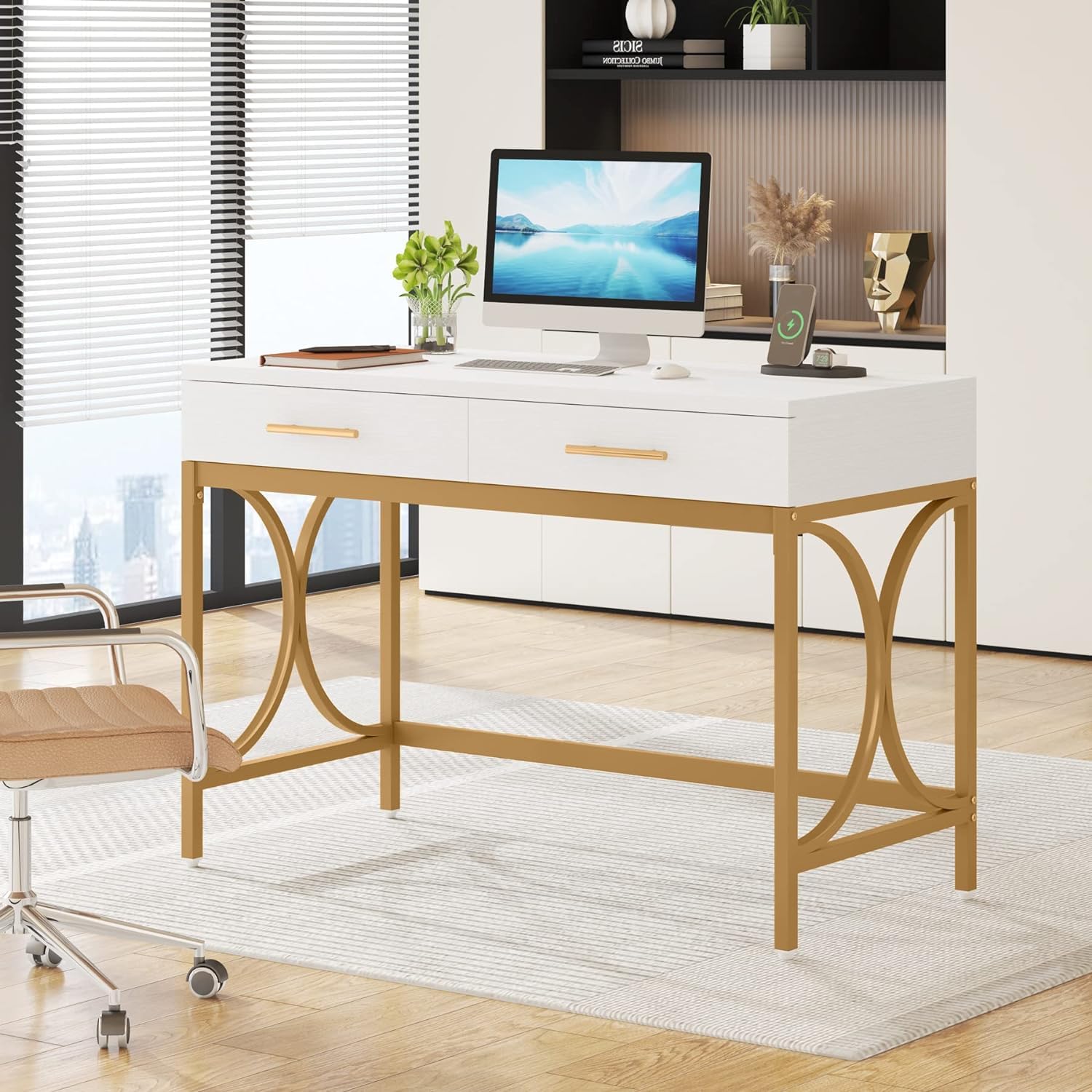 41" White and Gold Computer Desk with 2 Drawers