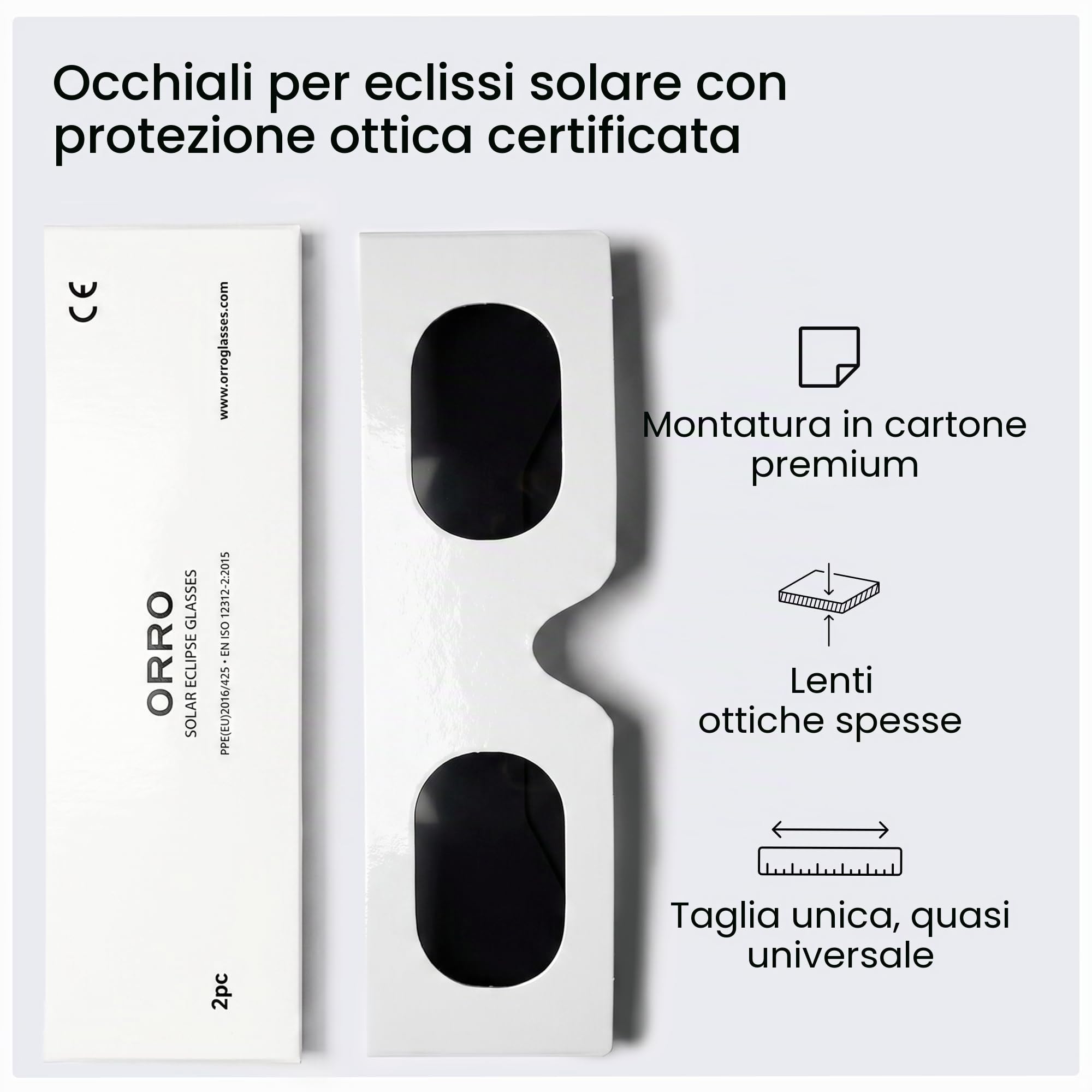 ORRO Occhiali per Eclissi Solare 45 mm, Confezione da 2/6/12, Bianchi, Si Adattano Sopra gli Occhiali da Vista, Protezione Oculare Certificata, Testati EN ISO 12312-2:2015, Marcatura CE