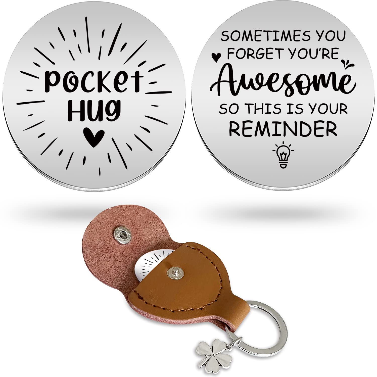 Advivio Pocket Hug Stainless Steel Token with Double Sided Message Engraved and PU Leather Keychain Pocket Reminder Heartwarming Gift for Romantic Partner, Family Members,Friends