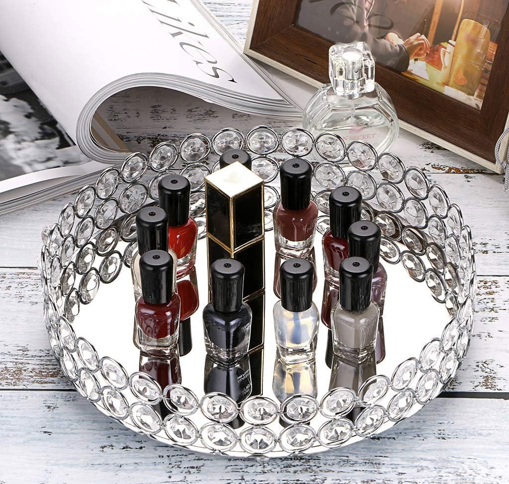 Hipiwe Crystal Make up Tray, Mirror Perfume Tray Bathroom Storage Trays Jewelry Trinket Trays Vanity Cosmetic Organizer Home Decor, Birthday Gift for Women(Round 9.8 Inch)