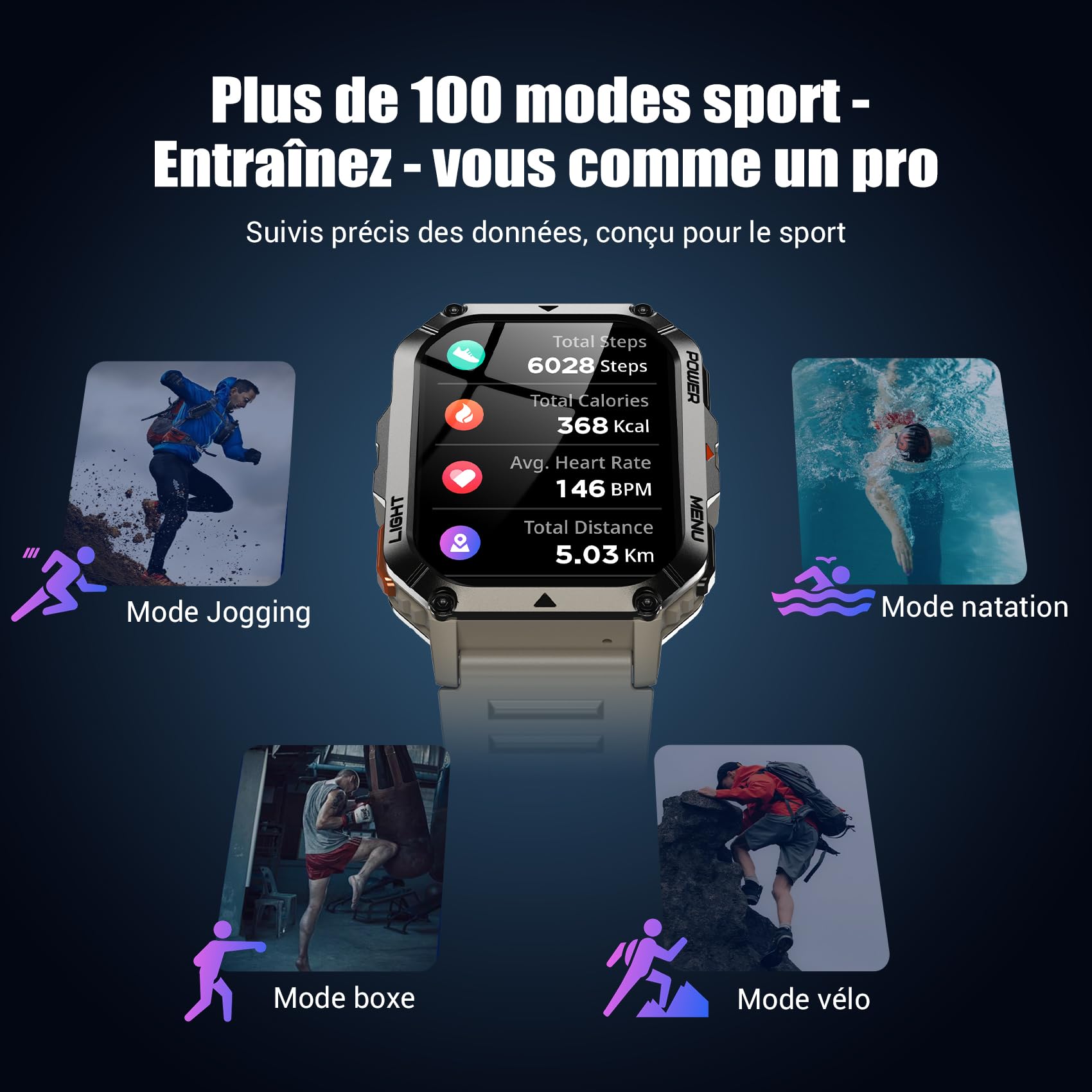 IOWODO Montre Connectée Homme Femme W70pro, Illumination,Batterie 900 mAh, Écran Tacile 2.01" TFT, Appel Bluetooth, Cardiofréquence/SPO2, Analyse Sommeil, 100+ Modes Sport,pour Android/iOS (Kaki)