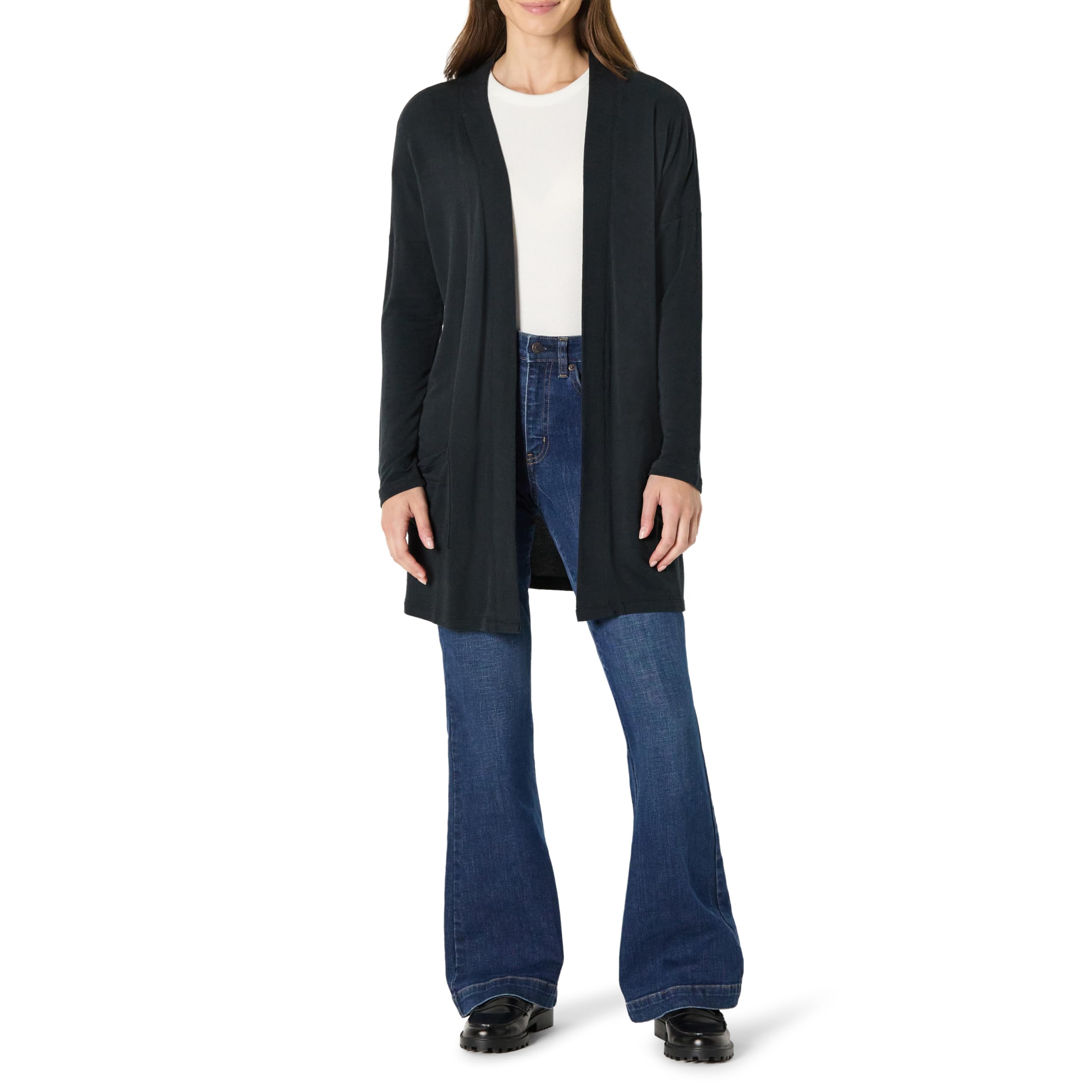 Amazon Essentials Women's Relaxed-Fit Ultra-Lightweight Open-Front Cardigan, Black, Medium