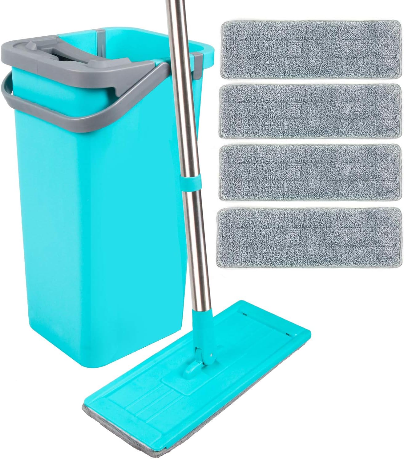 Microfiber Mop and Bucket System with 4 Washable Flat Microfiber Mop Pads for Home Bathroom Windows/Kitchen/Office Corner Floor Cleaning