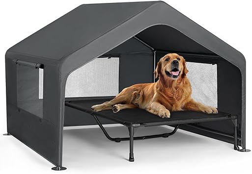 Veehoo Extra Large Dog House Outdoor with Elevated Dog Bed, Outside Dog Tent 4.1 x 4.1 x 3.3, Weatherproof Dog Shade Shelter and Raised Bed Combo for Pets or Stray Animals, Grey