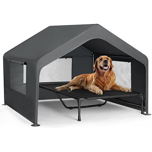 Veehoo Extra Large Dog House Outdoor with Elevated Dog Bed, Outside Dog Tent 4.1'x4.1'x3.3', Weatherproof Dog Shade Shelter and Raised Bed Combo for Pets or Stray Animals, Grey, CWC2530CP