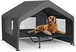 Veehoo Extra Large Dog House Outdoor with Elevated Dog Bed, Outside Dog Tent 4.1' x 4.1' x 3.3', Weatherproof Dog Shade Shelter and Raised Bed Combo for Pets or Stray Animals, Grey