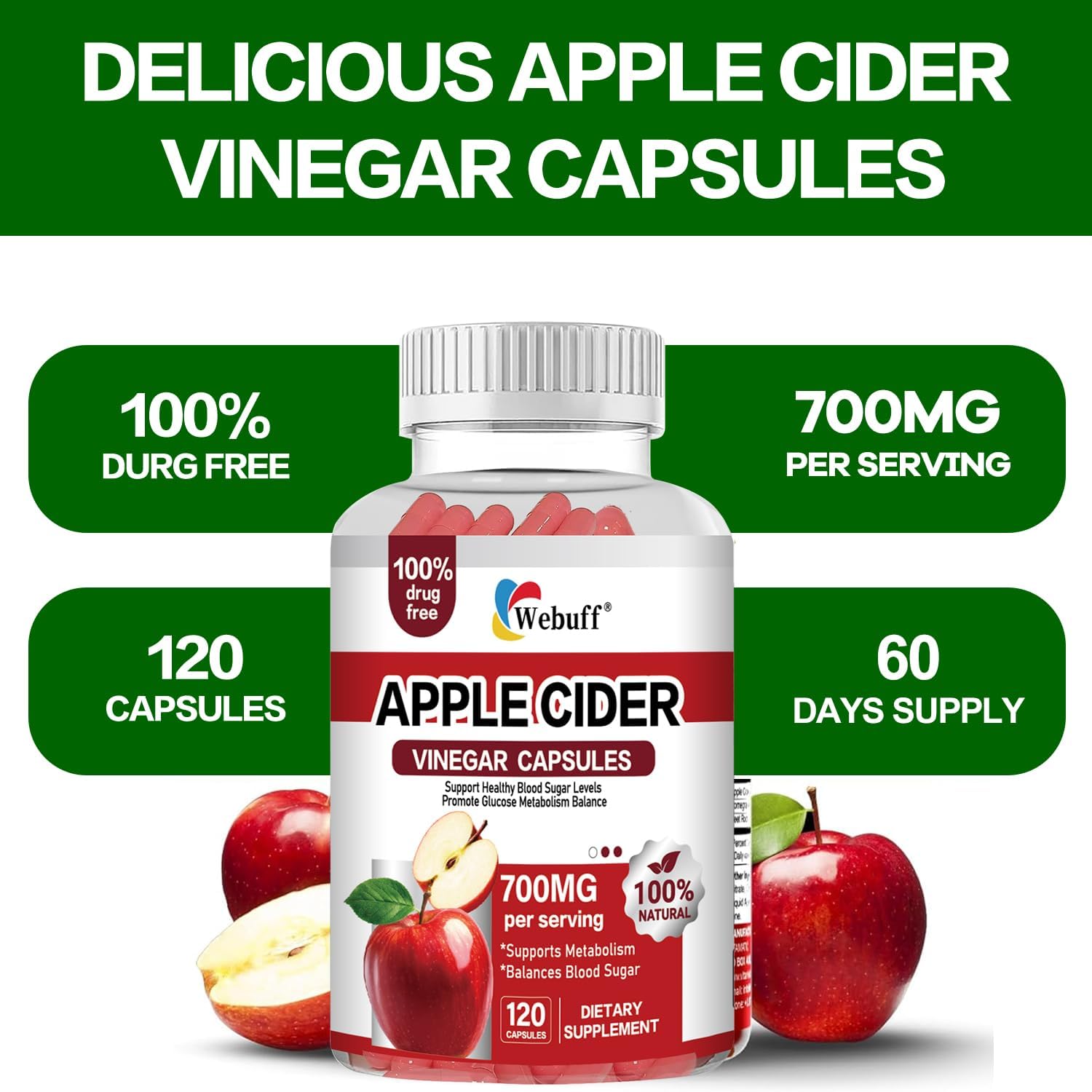 Apple Cider Vinegar Capsules 700mg — 120 Count | Extra Strength ACV with The Mother | Supports Weight Management, Digestion, Metabolism & Immune | Vegan, Non-GMO, Gluten-Free (Pack of 2)