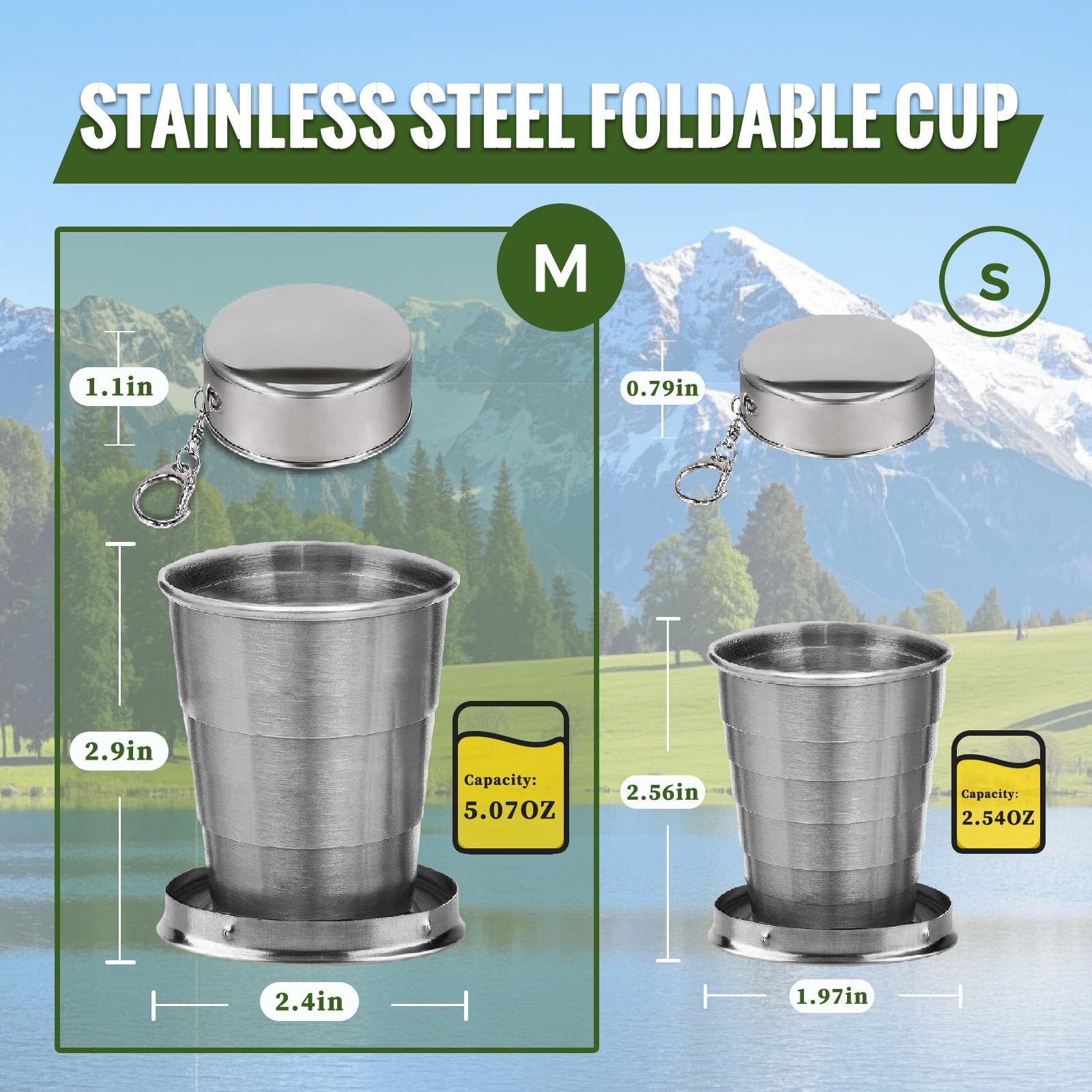 HYSENE 2 Pcs Stainless Steel Collapsible Cup, Foldable Cup with Lid and Keychain, Collapsible Cups for Traveling, Camping, Hiking, Biking and Daily Use (Middle)