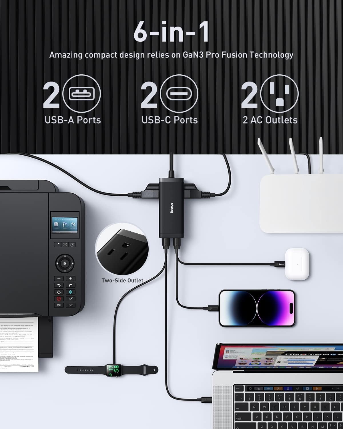 Diagram illustrating the 6-in-1 functionality of the Baseus PowerCombo 100W, showing 2 USB-A ports, 2 USB-C ports, and 2 AC outlets connected to various devices like a printer, smartwatch, smartphone, and laptop.