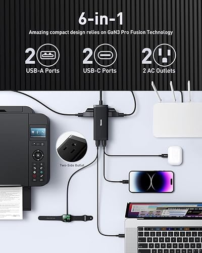 Miniatura 3 de Baseus Cargador USB C PowerCombo de 100 W - Tira de alimentación de viaje 6 en 1, estación de carga USB C de escritorio con 2 salidas de CA, cable